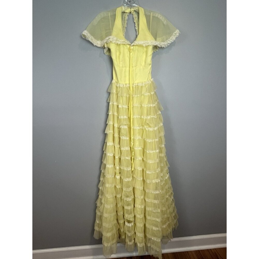 Vtg Nadine Cupcake Gown 1960s Prom Butter Yellow Ruffled Tiered Dress Lace XS/S